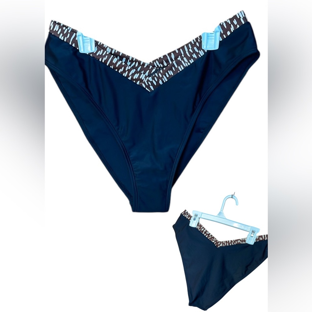 Women’s Large Bikini Bottoms Black With Brown and Cream Trim Cheeky Sexy Swim